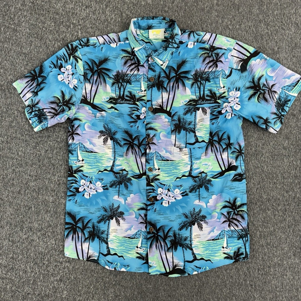 Banana Bay‎ Hawaiian Button Down Shirt Men XL Blue Tropical Palm Beach Bahamas